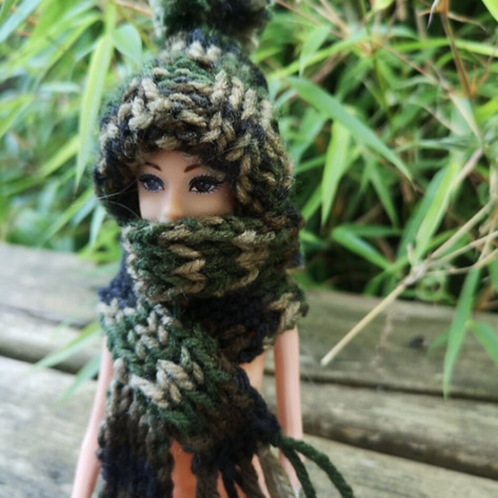 2 pc Green Carmouflage Doll Pompom Hat and Scarf Set Xmas Ornament Bottle Topper